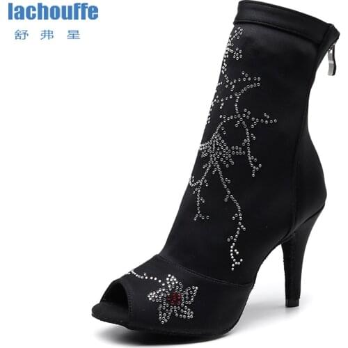 Women Strech Fabric Latin Dance Shoes Balck High Top Rhineston Tango Ballroom Dancing Shoes for Girls Soft Bottom Dance Boots
