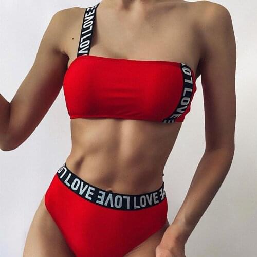 Women High Waist Briefs One Shoulder Tube Top Bra Letters Bikini Set Swimsuit