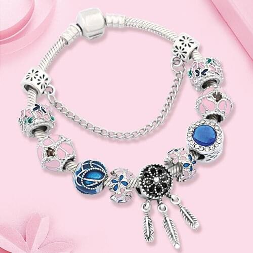 Dropshipping Pink Butterfly Flower Charm Bracelets for Women Girl Dream Catcher Bead Bracelet Dark Blue Crystal Bracelet