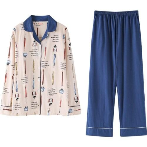 Women new spring and autumn cotton Korean cardigan ladies long sleeve pants large size fertilizer two peice pajama sets pajamas