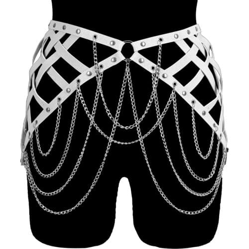 Punk Metal Chain Accessories Harness For Women Belt Hollow Bra Pu Leather Goth Exotic Costume Festival Club Dance Rave Garter