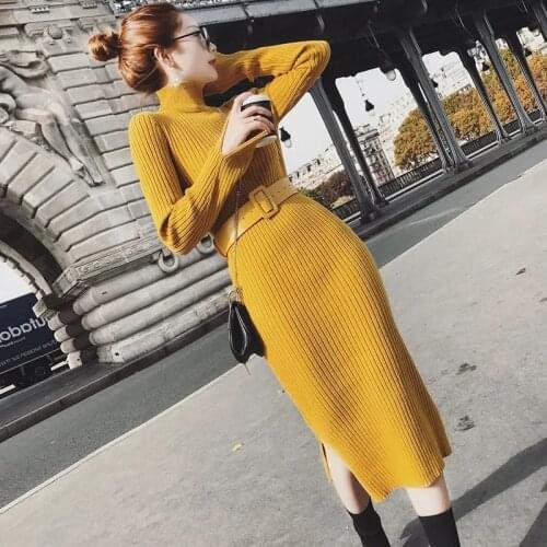Sexy Women Split Side Sweater Dress 2019 Female Fall Winter Long Pullover Warm Charm Knitted Lurex Bodycon Dresses With Belt