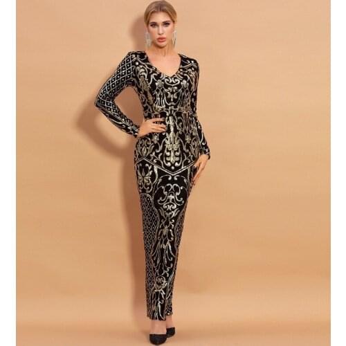 2021 Sexy Strapless Evening Prom Party Dress Women Solid Color Sequims Maxi Dress V-Neck Long Sleeve Split Dress