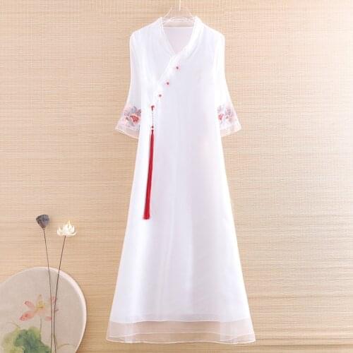 High-end Summer V-neck Women Slim Tassel Organza Hanfu Dress Retro Elegant Embroidery A-line Lady Party Dress S-XXL