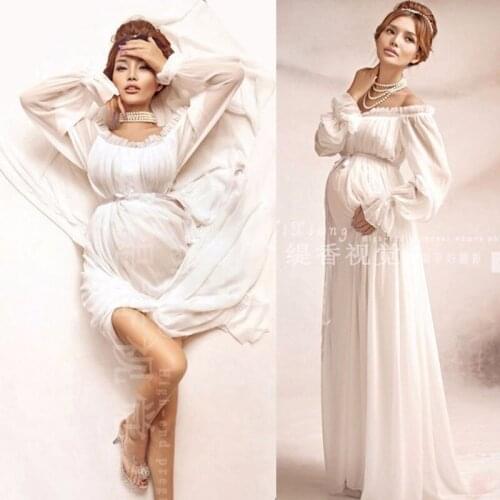 2017 Brand New Maternity Clothes Maternity Photography Props Shoulderless Long-Sleeved Long White Maternity Dresses