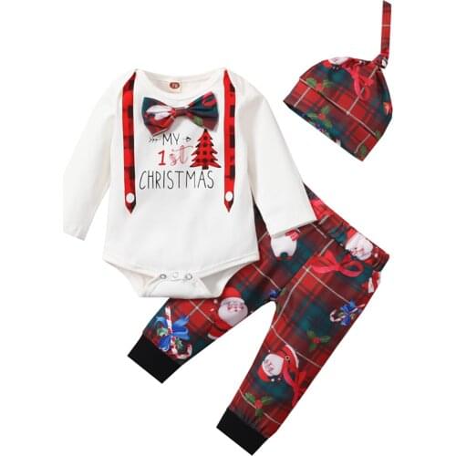 3pcs Baby Clothing Boy Cartoon Letter Print O-neck Romper Trousers with Hat Christmas Outfits Clothes