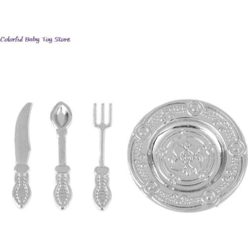 4PCS/Set 1:12 Miniature Vintage Silverware Set Knife Spoon Fork And Dish Flatware Doll House Kitchen Accessories