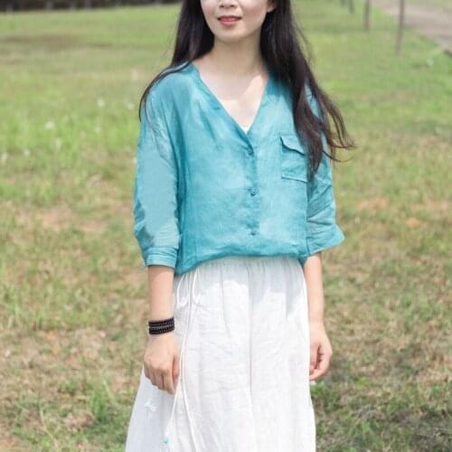 Women Summer Ramie V Neck Blouse Ladies Solid Color Vintage Ramie Tops Shirt Female 2021 Ramie Blouses