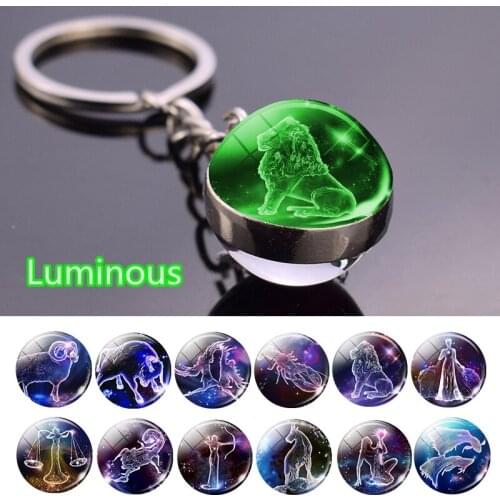 12 Constellation Luminous Keychain Glass Ball Glow In The Dark Key Chain Pendant Zodiac Keychain For Child Birthday Gift B1062