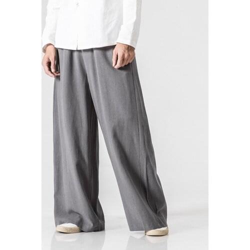 New Chinese Style Male Fashion Loose Comfortable Trousers Solid Drawstring Harem Pants Men Mid Extra Wide Leg Cotton Linen Pants