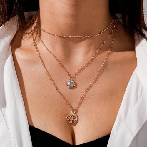 New Crystal Sun Tree Pendants Necklaces for Women Gold Silver Color Multilayered Beads Chain Necklace Fashion Party Jewelry