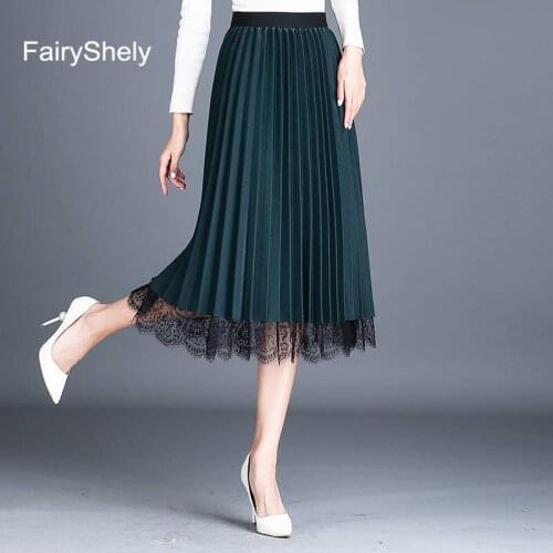 FairyShely Vintage Mesh Lace Pleated Skirt Women 2020 Autumn Winter High Waist Long Skirt Ladies Casual Korean Midi Skirt Clothe