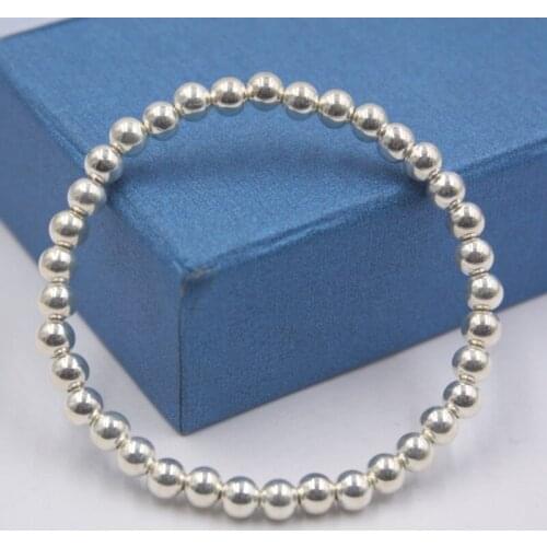 Fine S999 Silver Bracelet 5mmW Smooth Beads Link Chain Bracelet Elastic 7.8g Women Bracelet