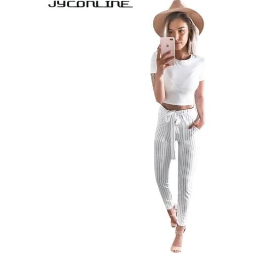 JYConline 2017 High Waist Harem Pants Women Striped Pants Drawstring Pockets Skinny Women Pants Casual Trousers Pantalon Femme