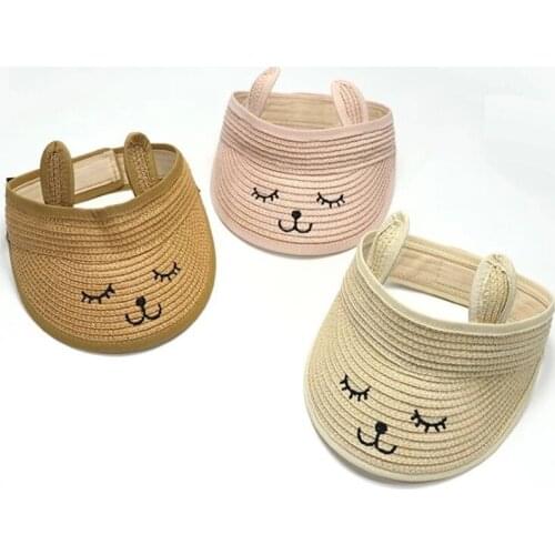 Summer baby kids cartoon cat embroidery visor cap Children girl boy sun hat uv-protection casquette Beach holiday straw hat