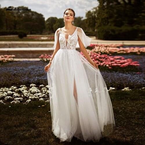 Lakshmigown Abiti Elegant Bridal Robe Wedding Dress Boho Style 2021 Sexy Vestidos A Line Tulle Wedding Dresses Beach Side Split