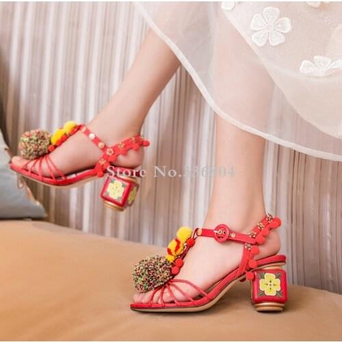 Gullick Summer Sandal Gladiator Fancy Balls Decor Red Bohemia Style Woman Sandals Square Flower Print Heels Ladies Dress Shoes