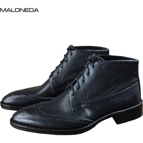 MALONEDE Brand New Fashion Retro Black Brogue Boots Handmade Goodyear Genuine Leather Ankle Short Boots Shoes for Gentlemen