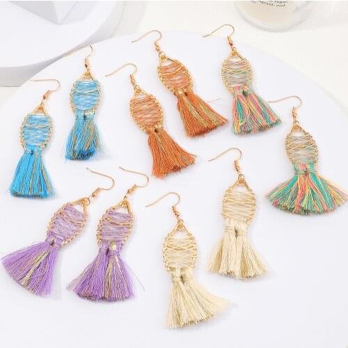 Boho Cute Weave Fish Drop Earrings for Women Handmade Color Braid Rope Fish Tail Tassel Dangle Earring Hooks Girl Ethnic Jewelry