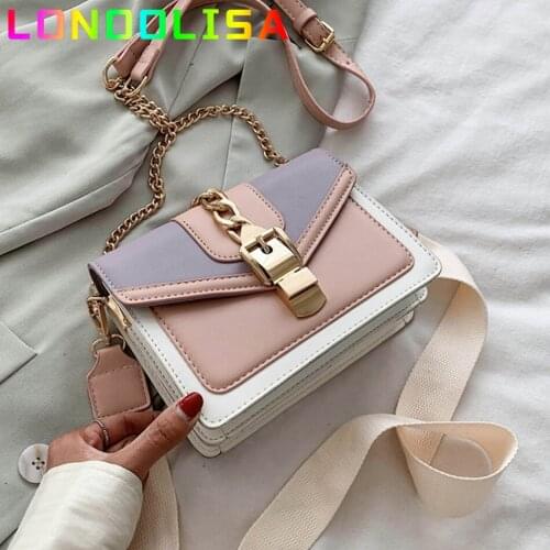 Fashion Chain Lady Sling Bag Panelled Color PU Leather Crossbody Bag for Women 2021 New Wide Strap Shoulder Messenger Bag Ladies