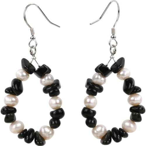 Yacq Natutal Obsidian Pearl 925 Sterling Silver Drop Dangle Earrings Handmade Custom Black Jewelry Gift for Women Mom Girls Wife