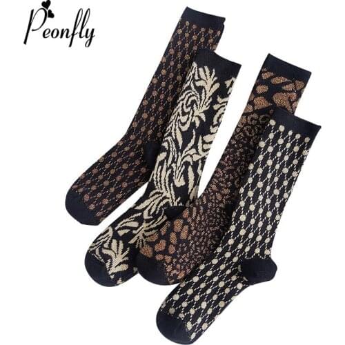 PEONFLY Novelty Funny Shiny Gold Silver Silk Jacquard Pattern Woman Fashion Happy Socks Breathable Cotton Socks Autumn Winter