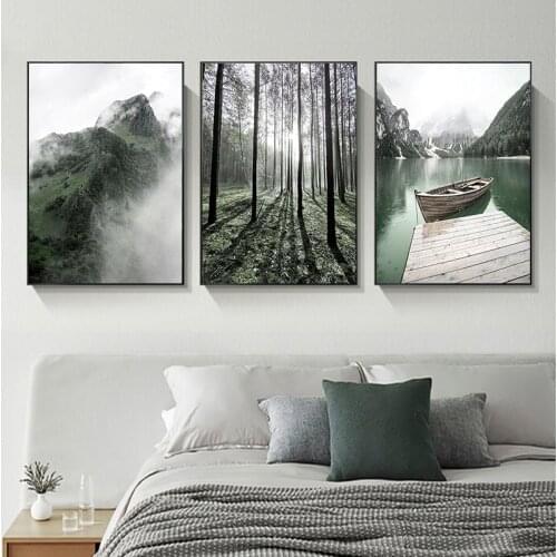 Nature Landscape Forest Mountain Lake Boat Print Canvas Painting Poster Nordic Decorative Wall Art Picture Modern Home Decor