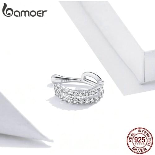 1 PC bamoer Authentic 925 Sterling Silver Dazzling Clear CZ Ear Cuff Clip Earrings for Women Wedding Statement Jewelry SCE904