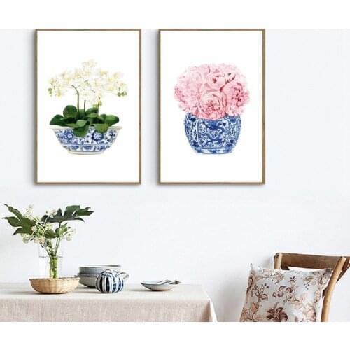 Blue and White Chinese Vase Watercolor Flower Art Prints Willow Style Chinese Porcelain Canvas Poster Painting Home Wall Decor