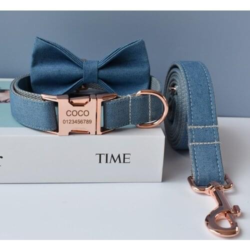 Dog collar personalized nylon pet leash denim adjustable for medium large dogs easy adjustable collar dog name tag