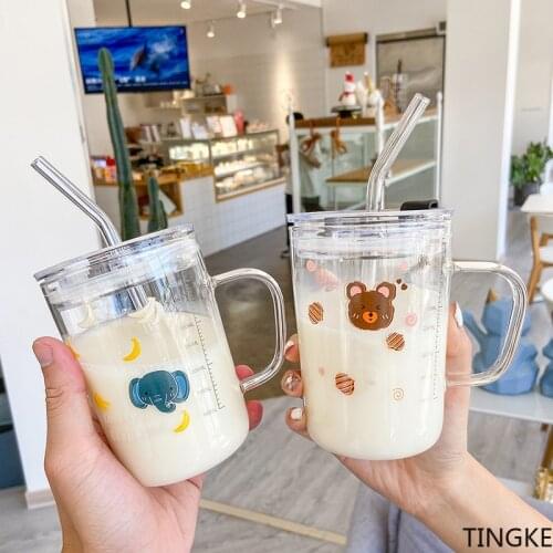 Korean cartoon animal scale glass cup with handle straw water cup borosilicate childrens breakfast milk cup