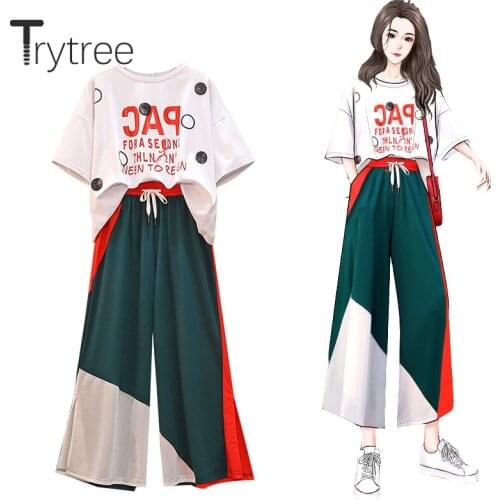Trytree Summer Women two piece set Casual O-neck Letter T-shirt Top + Pants Elastic Waist Wide leg pants Fashion 2 piece Set