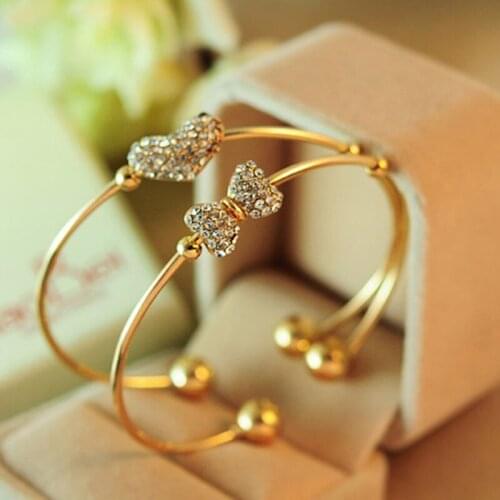 Full Bling Crystal Bow & Heart Golden Metallic Opening Bracelets & Bangles for Women