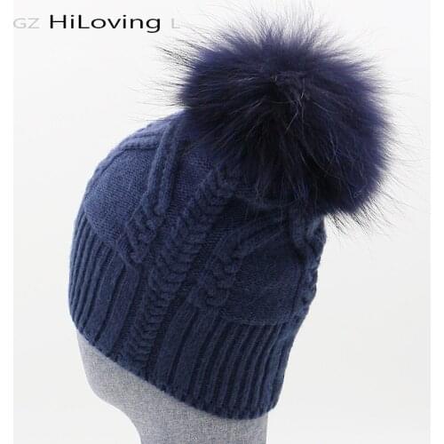 2016 New Style Winter Hats For Women Fashion 100% Wool & Fur Pom Pom Beanies Hats Navy Blue Fur Pompoms Sweater Twisting Hats