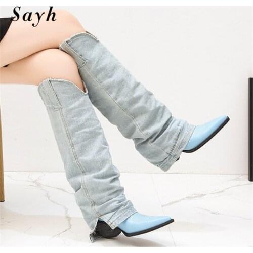 Woman Winter High Heel Denim Cowboy Pointy Toe Shoes Knee High Boots Thick Heel Stitching Embroidered Knight Riding Boots