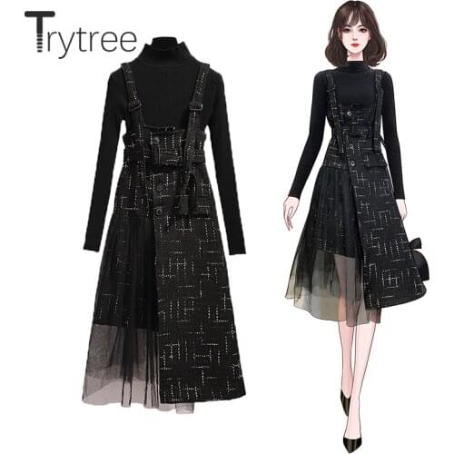 Trytree 2020 Autumn Women Two Piece Set Casual Turtleneck Solid Black Tops + Dress Sling Belt Button Patchwork Set 2 Piece Set