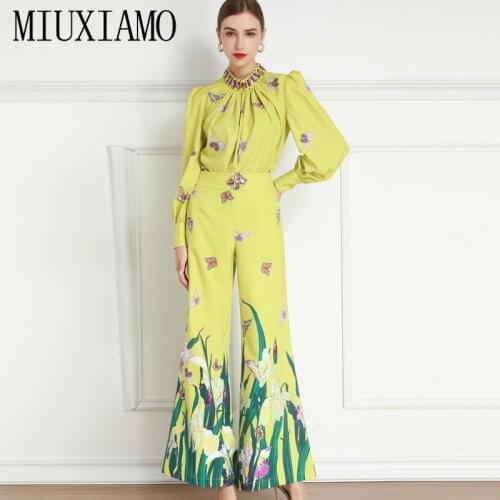 MIUXIMAO 2021 Spring Summer Diamond Butterfly Flower Print Long Sleeve Shirt +High Waist Wide Pants Suit Women Set Two Pieces