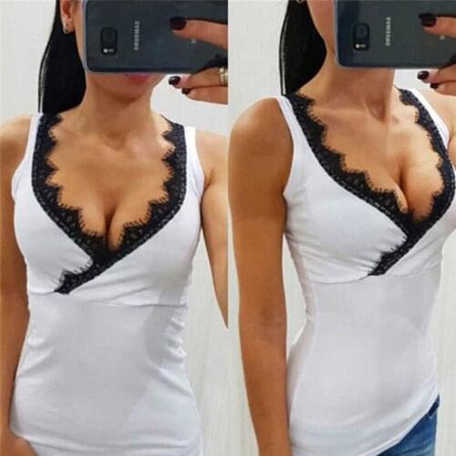GAOKE Lace Tank Top Women Summer Sexy Bodycon Deep V Neck Stitching Sleeveless Tops Casual Haut Femme