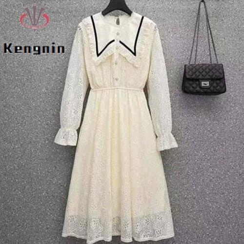 2021 Autumn Womens Dresses Loose Oversized Lace Long Sleeve Female Robe Dress Office Lady Work Elegant Vestidos Dress KE1661
