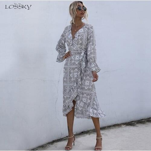 Dress Autumn Spring Casual Floral Print Ruffle Waist Fitted Womens Clothing White Long Sleeve Long Dresses For Women Fall 2020
