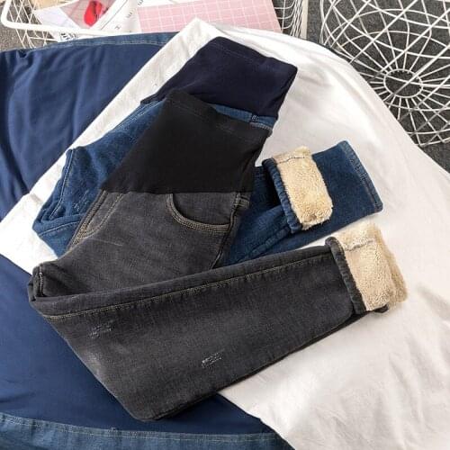 Winter Thick Warm Plus Velvet Denim Maternity Jeans Adjustable Belly Pants Clothes for Pregnant Women Pregnancy Trousers