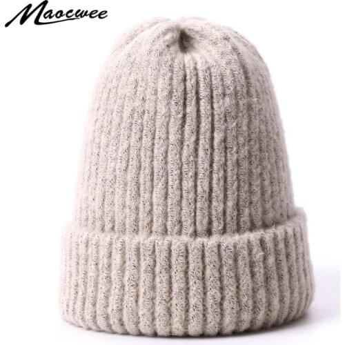 Winter Knitted Wool Skullies Beanies Hat For Women Solid Color Rabbit Fur Bonnet Female Beanie Cap Warm Lady Gorro Ski Girl Hats