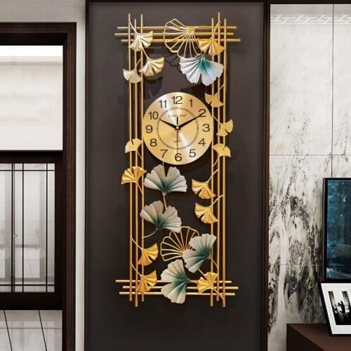 Golden Wall Clock with Ginkgo Leaf Decor Living Room Sofa Background Porch Home Decoration European Style