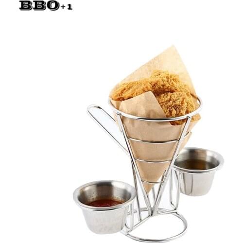 1pcs Fried Food Basket Holder Chip Rack Food Cone Holder with 2 Stainless Steel Sauce Cups holder Great Kitchen Restaurant