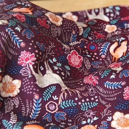146x50cm Viscose Fabric Deep Purple Bottom Rabbit Fox Owl Elk Leaf Cotton Cloth, Soft Diy Summer Clothes Clothing Pajamas Lining