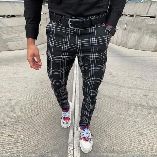 Mens Casual Pants Plaid Social Slim Fit Black Trousers Zipper Mid Waist Skinny Business Office Work Party Male Summer Stretchy