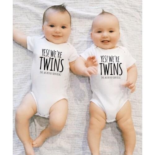 Yes We Are Twin Newborn Twins Baby Boys Girls Clothes Cotton Funny Letter Printed Bodysuit Short Sleeve Jumpsuit