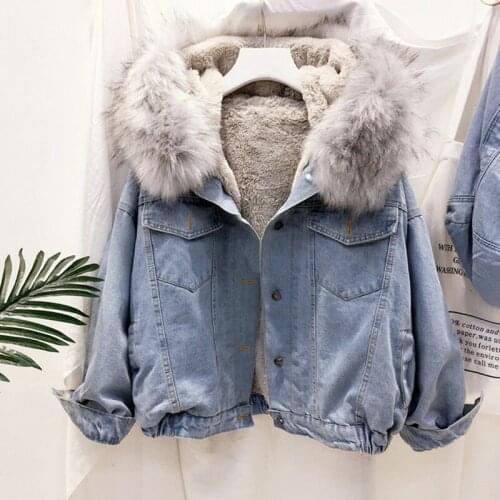 Denim Faux Fur Jackets Hooded Cropped Coats Lambswool Winter 2020 Thicken Loose Womens Fashion Jeans Long Sleeve Chaqueta Mujer