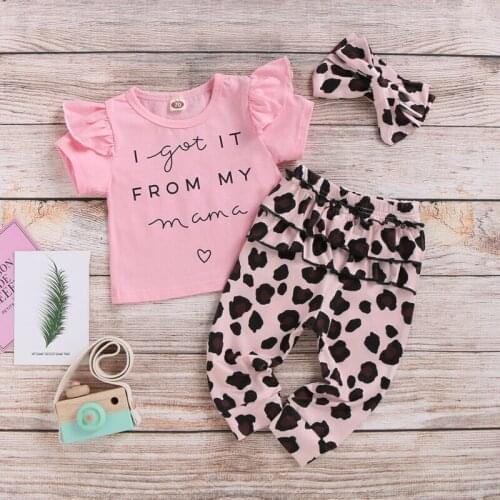 PUDCOCO 3Pcs Newborn Baby Girls Letter Ruffle T-shirt Tops + Pants + Headband Cotton Clothes Sets 3-24M