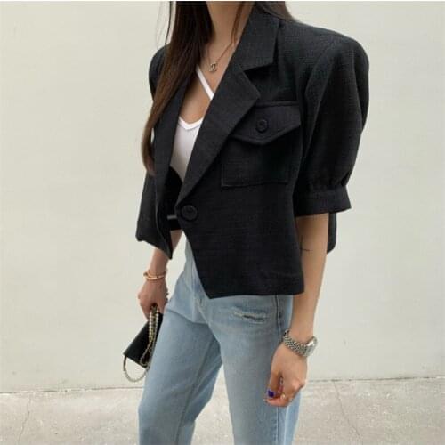 Korean Style Short Lapel Pocket One Button Short Sleeve Top